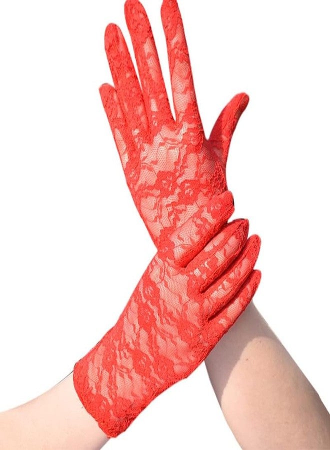 KETKAR Ladies Lace Short Wedding Gloves Elegant Bridal Floral Lace Party Gloves_Red - Image 1